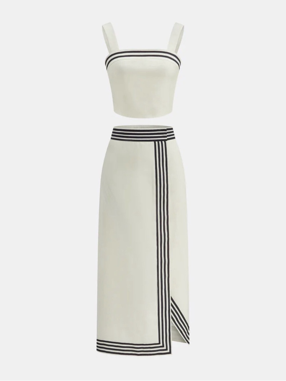 Commense Cream Two-Piece Striped Crop Top & Skirt Set with Dark Navy Trim